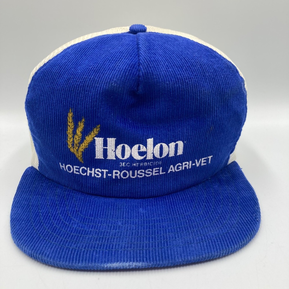 Vintage Hoelon Hoechst Roussel Agri Vet‎ Corduroy Trucker Hat Blue White Mesh